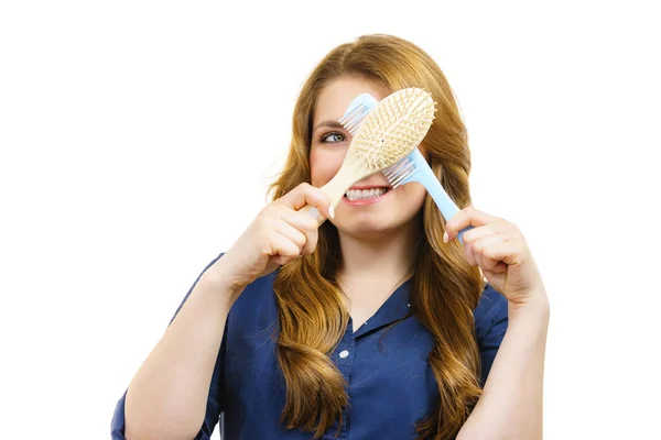 Kapsel Coiffure Haarverzorging Concept Vrouw Met Lange Bruine Golvende Haar — Stockfoto