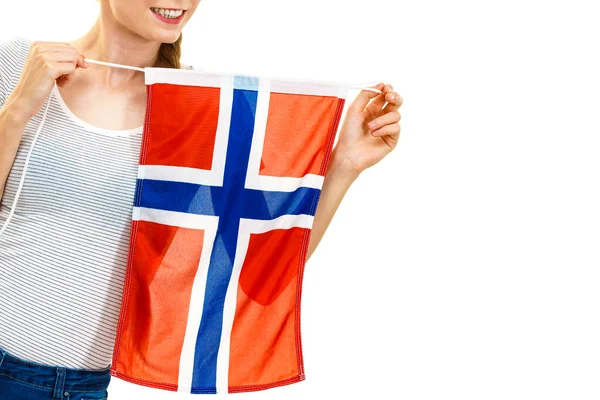 Блондинка Подросток Флагом Норвегии Образование Норвежский Язык Концепция Visit Norway — стоковое фото