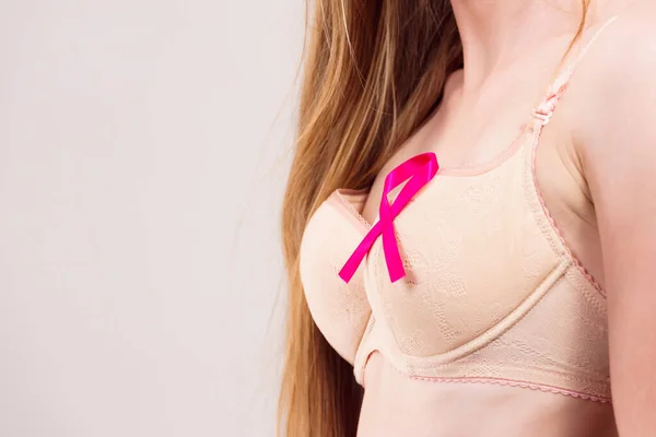 Woman Wih Pink Ribbon Chest Female Wearing Bra Showing Symbol — Stock Photo, Image