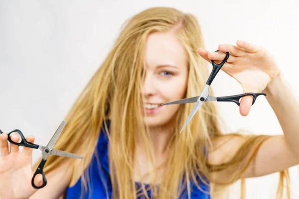 Girl Blowing Long Blonde Hair Holding Scissors Showing Work Tools — Stock Photo, Image