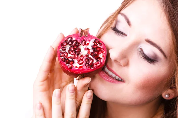 Woman Cheerful Brunette Girl Holding Pomegranate Fruits Hands Isolated White — Stock Photo, Image