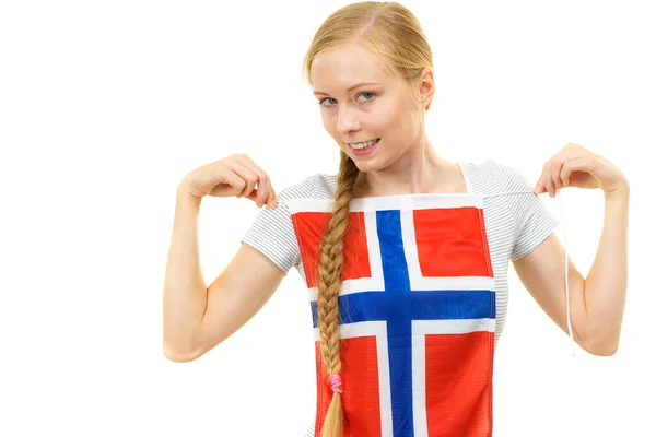 Studentessa Bionda Con Bandiera Norvegese Sul Petto Istruzione Apprendimento Delle — Foto Stock