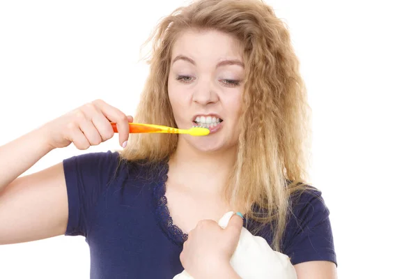 Sleepy Woman Blonde Tangled Hair Hugging White Pillow Holding Toothbrush — Stock Photo, Image