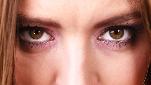 Woman Eyes Shadows Violet Dark Color Makeup Closeup Serious Sad — Stock Photo, Image