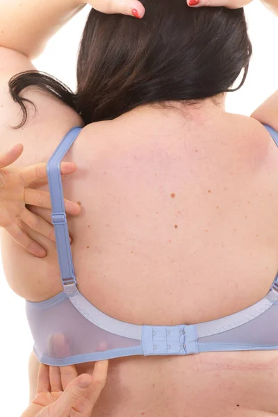 Ważność Noszenia Odpowiednich Staników Biustonosz Pomaga Rozmiar Pulchny Kobieta Znaleźć — Zdjęcie stockowe