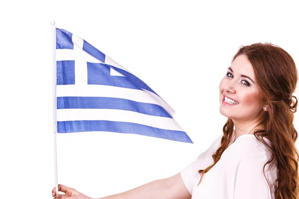 Довге Кучеряве Волосся Молода Жінка Грецьким Прапором Національний Символ Греції — стокове фото