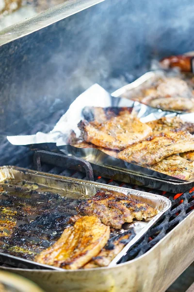 Delicious Marinated Assorted Meat Barbecue Grill Barbeque Dinner Outdoor — Stock Photo, Image