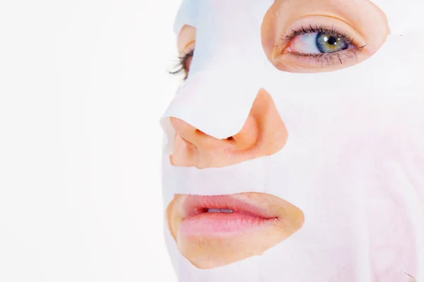 Woman Applying Sheet Mask Her Face Girl Taking Care Skin — Stock Photo, Image