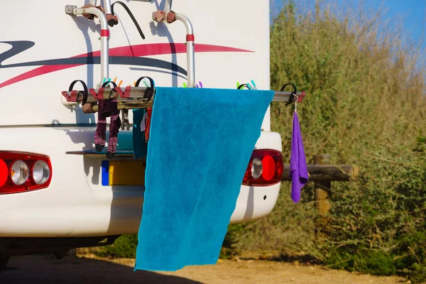 Wild Camping Nature Caravan Vehicle Clothes Hanging Dry Holidays Motor — Stock Photo, Image