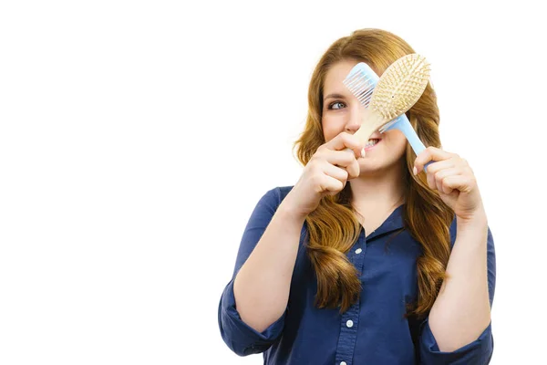 Haircut Coiffure Haircare Concept Woman Long Brown Wavy Hair Holding — Stock Photo, Image