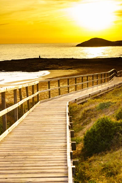 Sunset Beach Seashore Wooden Path Sea Water Cala Magre Calblanque — Stockfoto