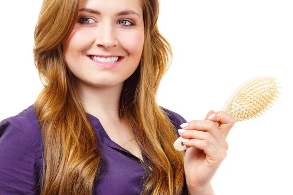 Young Woman Combing Long Healthy Brown Hair Using Brush Haircare — Stock Photo, Image