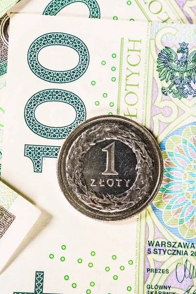 Lengyel Valuta Közel Lengyel Sok Bankjegy Egy Zloty Érme Pénzügyi — Stock Fotó