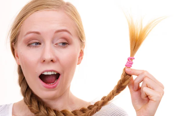 Blonde Girl Braid Hair Pink Ribbon Bow Haircare Hairstyling — Stock Photo, Image