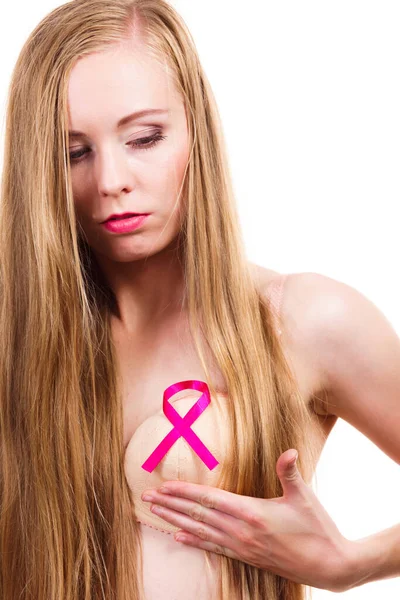 Mujer Con Cinta Rosa Pecho Tratamiento Prevención Del Cáncer Mama —  Fotos de Stock