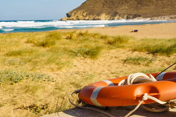 Rescue Red Lifebuoy Life Preserver Saver Ring Beach — ストック写真