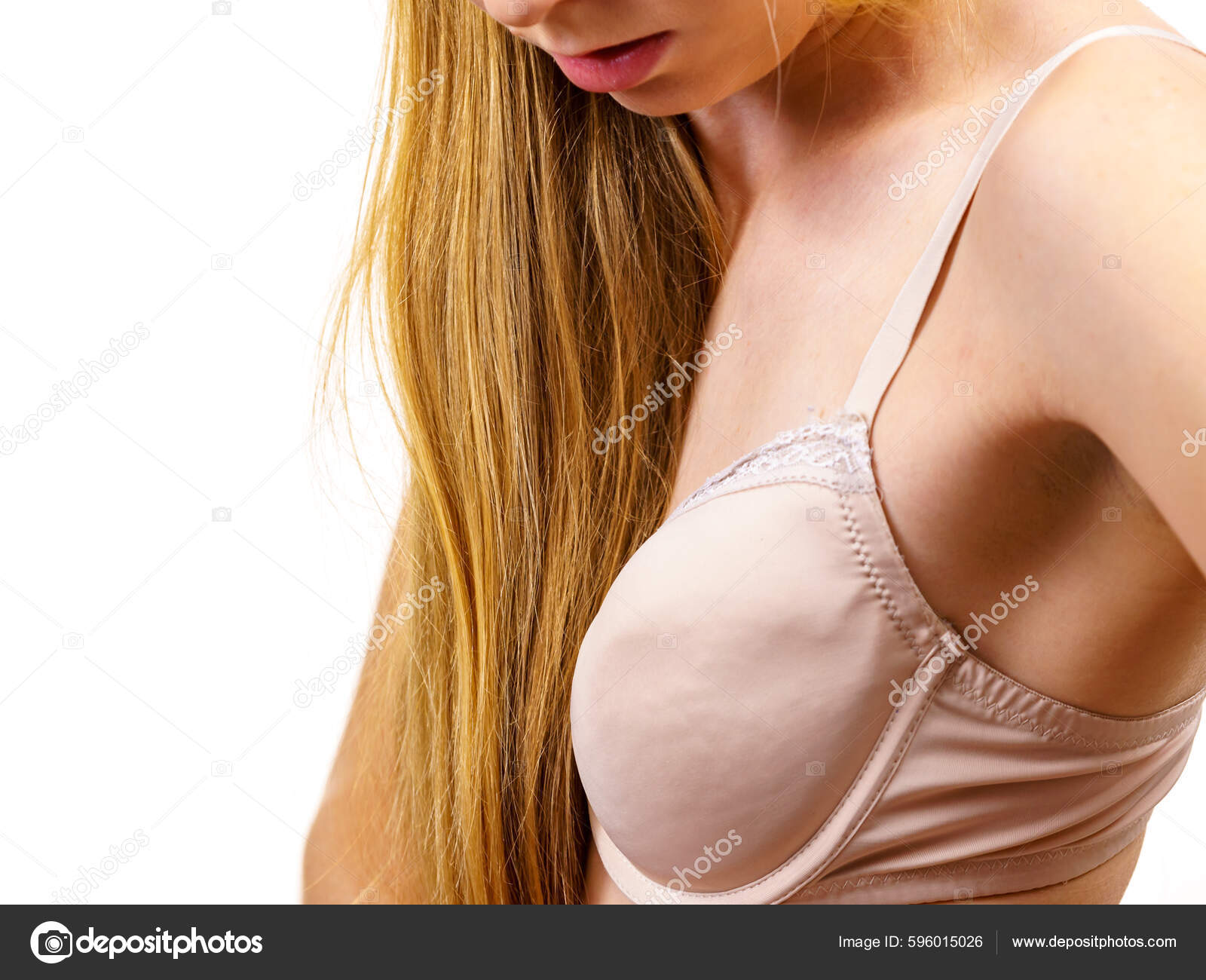 Young Long Hair Blonde Woman Small Boobs Wearing Wrong Bra — Stock-foto Voyagerix