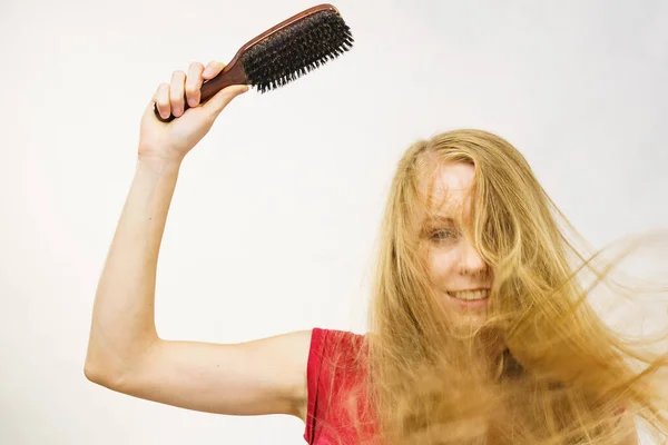Blonde Girl Long Blowing Hair Holds Brush Natural Bristles Haircare — 스톡 사진