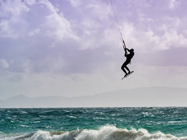 Kiteboarding Kite Surfer Rides Waves Tarifa Spain Sports Activity Kitesurfing — Foto Stock