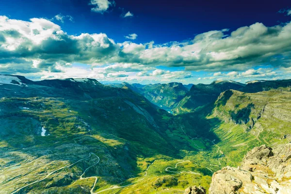 Turismo Férias Viagens Fantástica Vista Sobre Paisagem Geirangerfjord Montanhas Miradouro — Fotografia de Stock