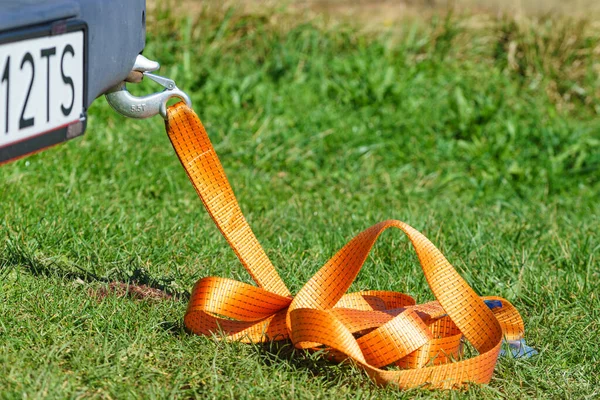 Tow Hook Orange Strap Car Towing Equipment Tugging — Stock Photo, Image