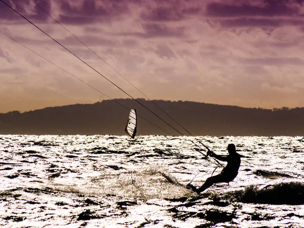 Kiteboarding Kite Surfer Rides Waves Tarifa Spain Sports Activity Kitesurfing — Foto Stock