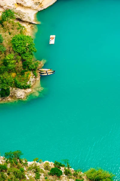 Båtar Turkost Vatten Croix Lake Verdon Gorge Franska Alperna Berg — Stockfoto