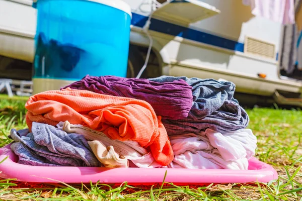 Doing Laundry Outdoor Caravan Bowl Clean Clothes Washing Machine Working — Stock Photo, Image
