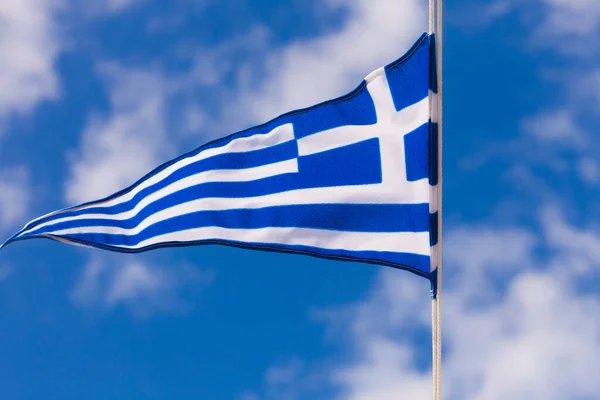 Грецький Прапор Махав Відкритий Вітер Проти Синього Неба Греція — стокове фото