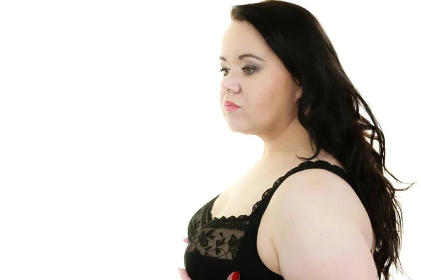 Artı Siyah Dantelli Sutyen Takan Şişman Olgun Bir Kadın Göğüslerine — Stok fotoğraf