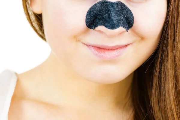 Woman Appying Clear Strips Nose Using Pore Cleansing Textile Mask — Stock Photo, Image