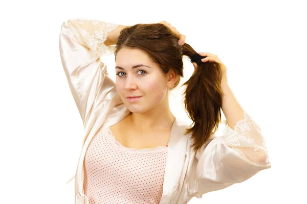 Young Woman Underwear Makeup Untying Her Long Brown Hair Natural — Stock Photo, Image
