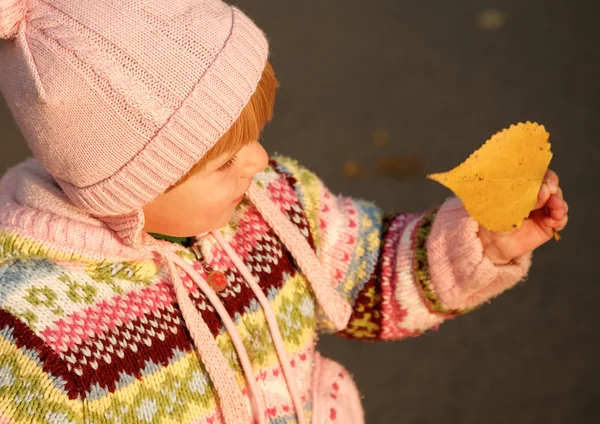 Little girl holding a leaf — Stock Photo, Image