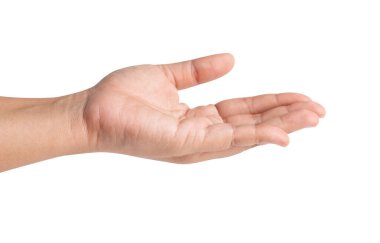 hold out one's hand and open the palm of the hand isolated on white background with clipping paths
