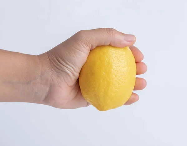 Hand Woman Holding Ripe Lemon Isolated White Background — Photo