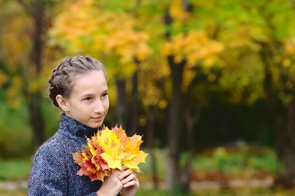 Portrait of Girl with maple leaves — Stock Photo, Image