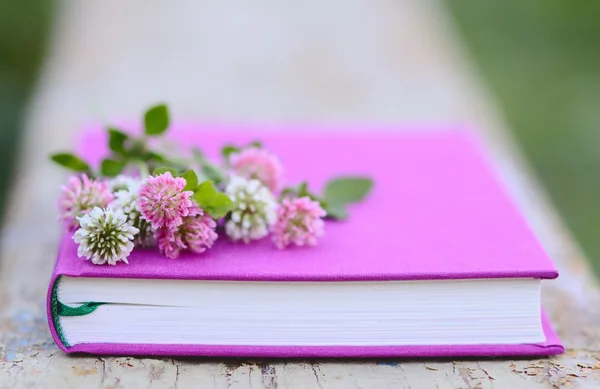 Trébol rosa y blanco en el libro fucsia — Foto de Stock