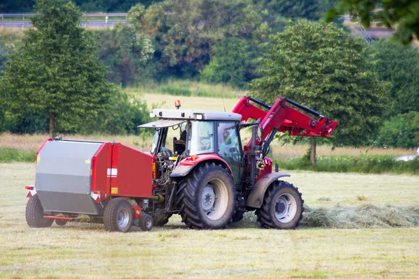 Traktor mit Anhänger sammelt Gras Stockfoto