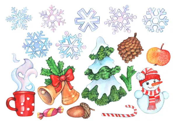 Set Watercolor Drawings New Year Theme Light Blue Snowflakes Candies — Stock Photo, Image