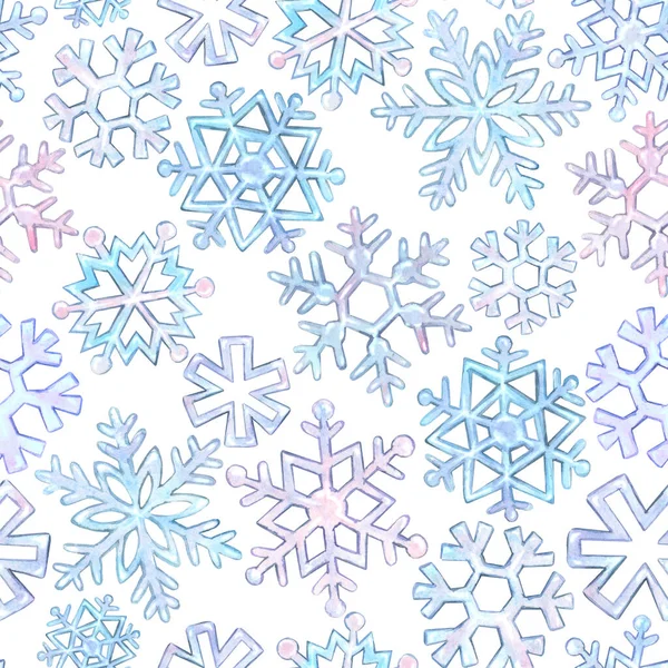 Açık Mavi Açık Pembe Kar Tanelerinin Suluboya Desenleri Kış Yeni — Stok fotoğraf