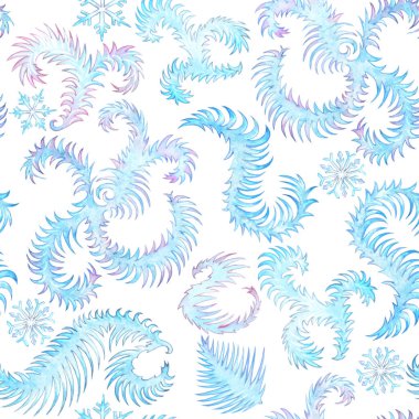 Açık mavi ve açık pembe renkli suluboya desenler beyaz arka planda camlarda. Kış, Yeni Yıl deseni