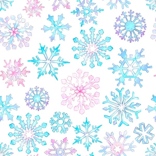 Patrón Sin Costuras Acuarela Copos Nieve Color Azul Claro Rosa — Foto de Stock