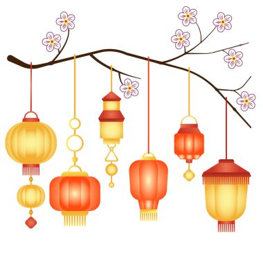 Üzerinde kırmızı ve sarı renkli Çin fenerleri sallanan çiçek açan bir erik dalı. Vektör illüstrasyonu.