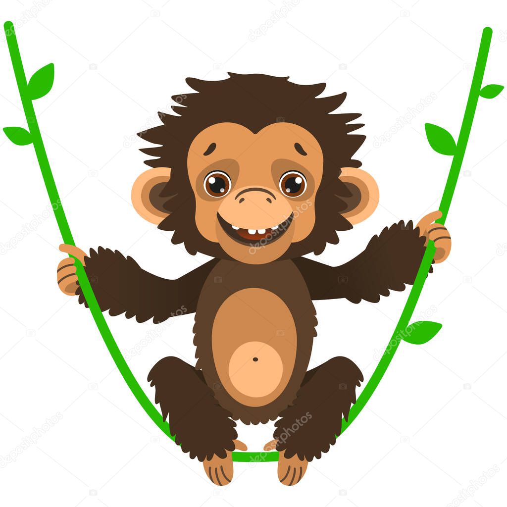A cute baby chimp sways on a liana. Fauna of the rain forests of Africa. Vector illustration. Cartoon style.