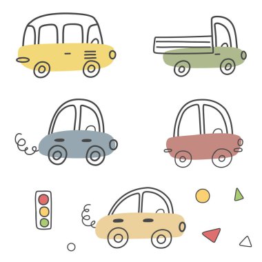 İskandinav tarzı trafik ışığı olan el yapımı çocuk arabaları koleksiyonu. Bebek kıyafetleri ve ambalaj için vektör illüstrasyonu, baskı.