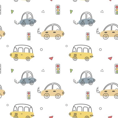 Beyaz arka planda şirin arabalarla çizilmiş kusursuz bir desen. Kumaş, ambalaj, tekstil, duvar kağıdı, giysi için çocuk dokusu. İskandinav tasarımı.