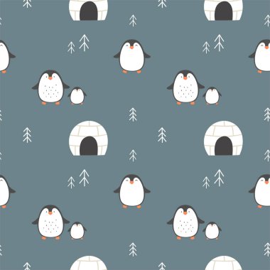 Şirin penguenlerle kusursuz desen, kış teması, bebek kıyafetleri ve kumaşı için baskı, kağıt ve dekorasyon..