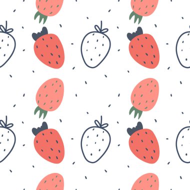 İskandinav tarzında çilekli kusursuz bir desen. Çocuk resimleri, kumaş ve çocuk kıyafetleri için baskılar.