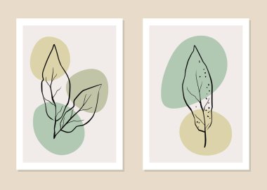Moda minimalist yapraklar, soyut kolaj posterleri. Vektör illüstrasyonu.