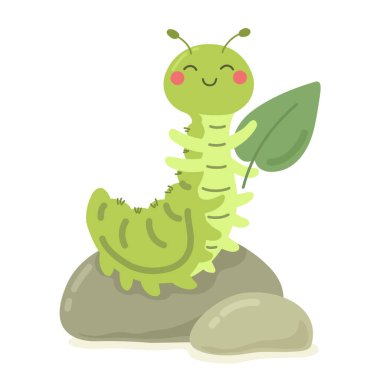 Yapraklı çakıl taşının üzerindeki şanslı tırtıl. Çocuk vektör illüstrasyonu, baskı. Vektör.